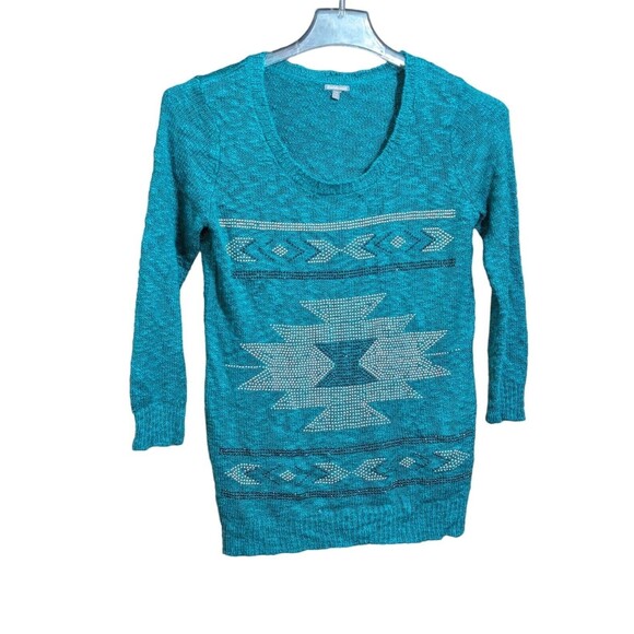 Charlotte Russe Women's Sweater Size Medium Aztec Print Blue Green Black Arrows - Picture 1 of 4